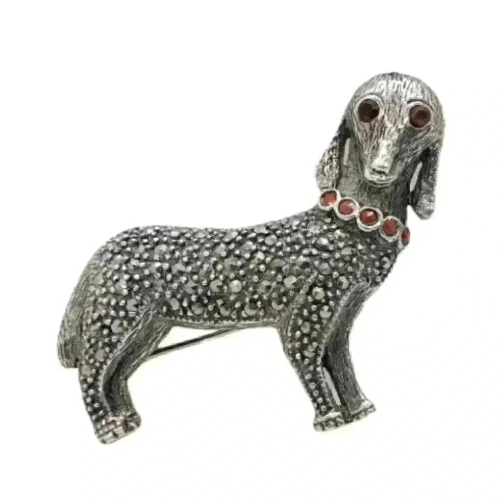 Vintage Dog Brooch Pin 925 Sterling Silver Marcasite & Garnet Curious Breed